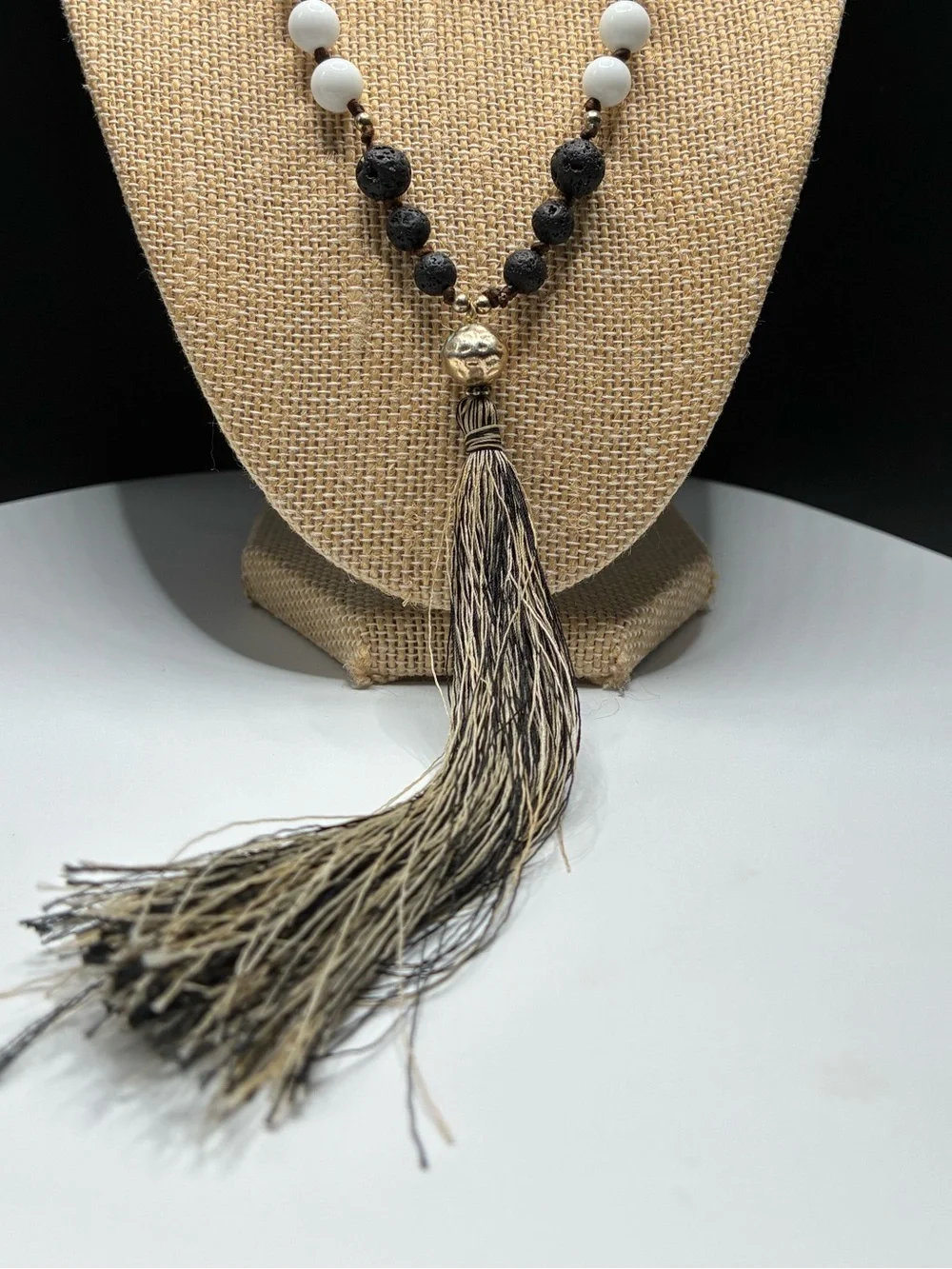 Vintage Layered Mixed Black and White Beaded Necklace with Tassel